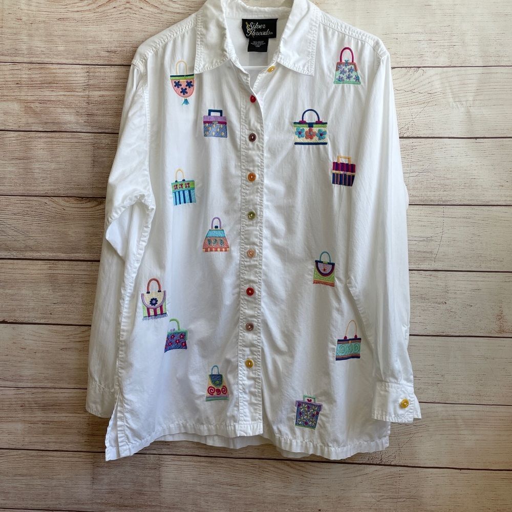 VINTAGE SILVER THREADS BLOUSE WITH‎ EMBROIDERED PURSES